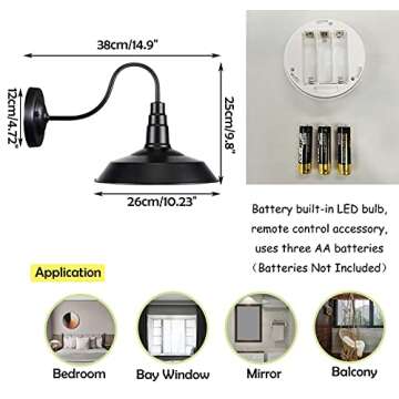 KAYYELAMP 3 Lamps Battery Run 55 Lumens LED Wall Lighting Remote Control Dimmable Black Metal Wall S...