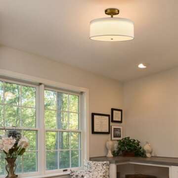 TEENYO 15-Inch Dimmable Gold Semi flush mount with Drum Shade ceiling light Fixture Brass LED, for B...