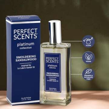 Perfect Scents Fragrances | Inspired by Le Labo’s Santal 33 | Platinum Collection | Smoldering Sandalwood | Unisex Eau de Parfum | Vegan, Paraben & Phthalate Free | Never Tested on Animals | 3.4 Fl Oz