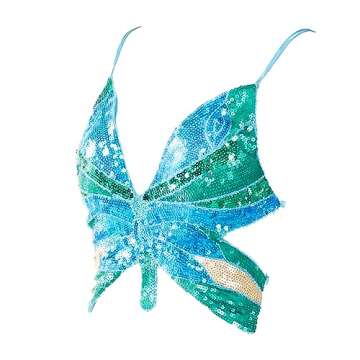 Yivilhor Womens Glitter Sequin Butterfly Crop Top Sparkly Top Rave Top Low -Cut Tank Top for Belly D...