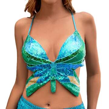 Yivilhor Womens Glitter Sequin Butterfly Crop Top Sparkly Top Rave Top Low -Cut Tank Top for Belly Dance Costume Outfits (Lake Blue Green)