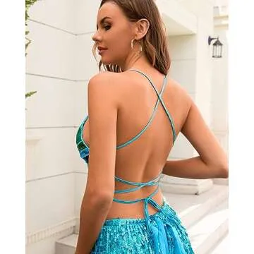 Yivilhor Womens Glitter Sequin Butterfly Crop Top Sparkly Top Rave Top Low -Cut Tank Top for Belly Dance Costume Outfits (Lake Blue Green)