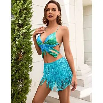 Yivilhor Womens Glitter Sequin Butterfly Crop Top Sparkly Top Rave Top Low -Cut Tank Top for Belly Dance Costume Outfits (Lake Blue Green)