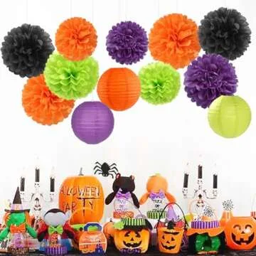 Hugfond Black-Orange Purple Green Halloween Party Decorations Kit - 15PCS Tissue Flowers, Lanterns, ...