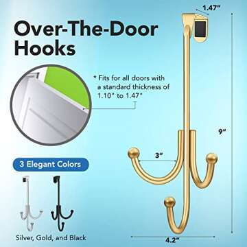 LEVAF 2-Pack Over The Door Hook - with 3 Hang Heads & Snug Fit Pads- 2Pcs Heavy Duty Hooks for Hangi...