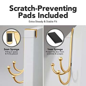LEVAF 2-Pack Over The Door Hook - with 3 Hang Heads & Snug Fit Pads- 2Pcs Heavy Duty Hooks for Hanging Coats, Towels, Caps & Robes - Elegant Matt Finish - No Drill Hanger Organizer - Gold