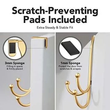 LEVAF 2-Pack Over The Door Hook - with 3 Hang Heads & Snug Fit Pads- 2Pcs Heavy Duty Hooks for Hanging Coats, Towels, Caps & Robes - Elegant Matt Finish - No Drill Hanger Organizer - Gold