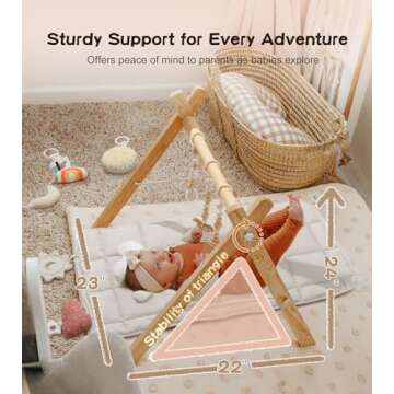 Baby Gym with Mat, Wooden Play Gym with 9 Sensory Toys, Foldable Baby Play GymFrame Activity Center, Natural Pine Wood, Montessori Toys, Easy to Assemble & Clean, Natural Color