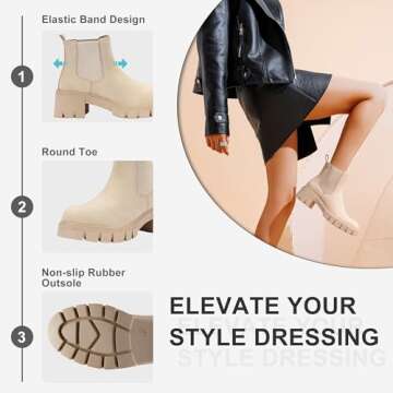 Vepose Women's Beige Chelsea Ankle Boots Platform Elastic Slip on 936 Booties with Low Lug Sole Chunky Block Heel Size 8 (CJY936 Beige 08)