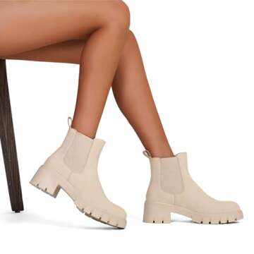 Vepose Women's Beige Chelsea Ankle Boots Platform Elastic Slip on 936 Booties with Low Lug Sole Chunky Block Heel Size 8 (CJY936 Beige 08)