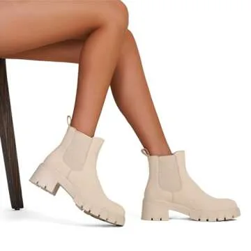 Vepose Women's Beige Chelsea Ankle Boots Platform Elastic Slip on 936 Booties with Low Lug Sole Chunky Block Heel Size 8 (CJY936 Beige 08)