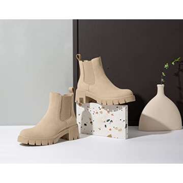 Vepose Women's Beige Chelsea Ankle Boots Platform Elastic Slip on 936 Booties with Low Lug Sole Chunky Block Heel Size 8 (CJY936 Beige 08)