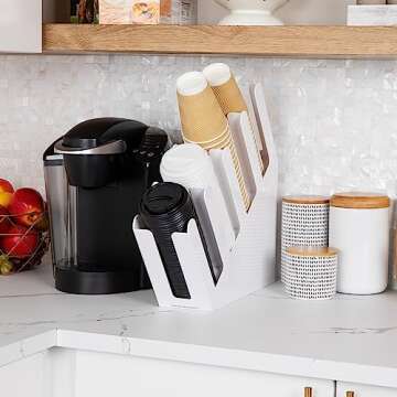 Mind Reader Lid Dispenser Coffee Bar, Beverage Cup, Kitchen, Breakroom, 4 Compartment, White Acrylic