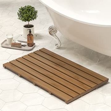 Bamboo Wooden Bath Floor Mat for Luxury Shower - Non-Slip Bathroom Waterproof Carpet for Indoor or O...