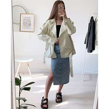 LY VAREY LIN Women Faux Leather Jacket Lapel Collar Motorcycle Zip Up Long Sleeve Motor Biker Short Coat Jacket