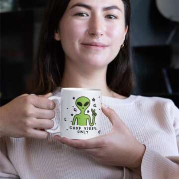 LookHUMAN Good Vibes Only Alien Coffee Mug - Funny Coffee Mugs Adult Humor, Double Sided Print Ceramic Coffee Cups, Dishwasher Safe Novelty Coffee Mugs for Women & Men, Unique Coffee Mugs, 11 oz