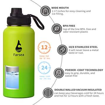 Farsea Insulated Water Bottle With Paracord Handle, Protective Silicone Boot and 2 Lids (Straw Lid &...