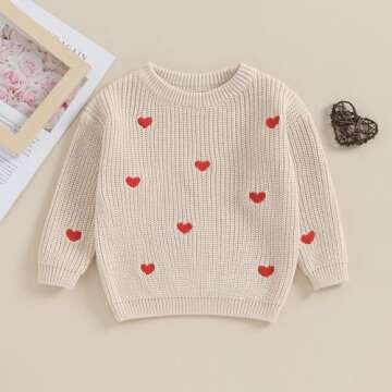 Karwuiio Toddler Baby Girl Boy Knit Sweater Long Sleeve Heart Sweater Infant Warm Fall Winter Pullover Sweatshirt Knitwear (Khaki Red Heart, 3-6 Months)