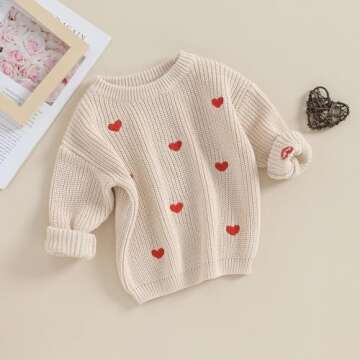 Karwuiio Toddler Baby Girl Boy Knit Sweater Long Sleeve Heart Sweater Infant Warm Fall Winter Pullover Sweatshirt Knitwear (Khaki Red Heart, 3-6 Months)