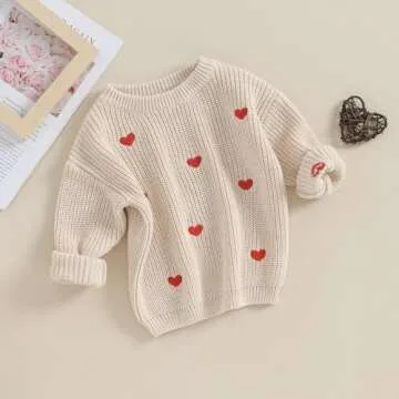 Karwuiio Toddler Baby Girl Boy Knit Sweater Long Sleeve Heart Sweater Infant Warm Fall Winter Pullover Sweatshirt Knitwear (Khaki Red Heart, 3-6 Months)