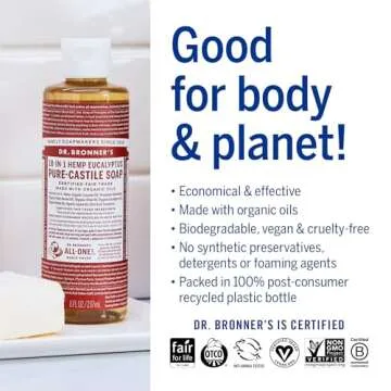 Dr. Bronner's - Pure-Castile Liquid Soap (Eucalyptus, 8 ounce) - Made with Organic Oils, 18-in-1 Uses: Face, Body, Hair, Laundry, Pets and Dishes, Concentrated, Vegan, Non-GMO