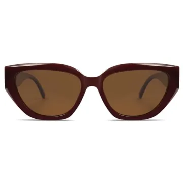 SOJOS Trendy Cute Cat Eye Polarized Sunglasses for Women Fashion Cateye Womens Sunnies SJ2237, Burgundy Frame Brown Lens