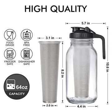 Cold Brew Mason Jar iced Coffee Maker, Durable Glass, 64 oz (2 Quart / 1.9 Liter), With Handle& Stai...