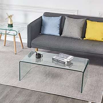 Kdgude Clear Glass Coffee Table,Transparent Bent Modern End Table Home Office Furniture,Tempered Cof...