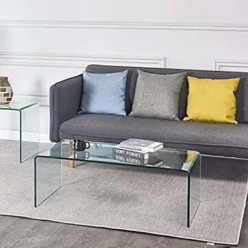 Kdgude Clear Glass Coffee Table,Transparent Bent Modern End Table Home Office Furniture,Tempered Coffee Tables Glass,Rectangle Console Table 39.40" W x 19.7" D x 13.8" H (Medium)