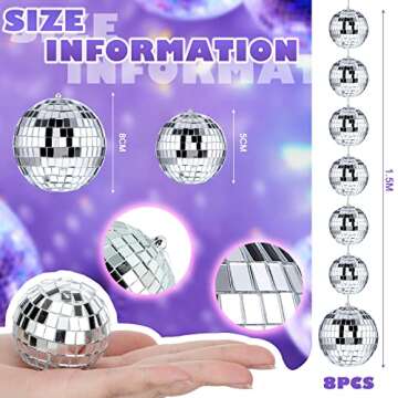 Sumind 8 Packs 4.9 ft Disco Ball Party Decorations Mini Disco Ball Ornaments Silver Hanging Ball Reflective Mirror Ball for Christmas Wedding 70s Dance Music Birthday Party Supplies(2 Inch, 3 Inch)