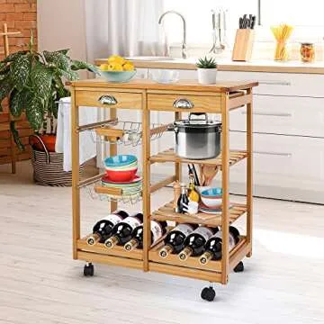 Nova Microdermabrasion Kitchen Island Cart with Storage, Rolling Side Table on Wheels with 2 Drawers, 3 Shelves, Lockable Casters for Dining Room, Bar