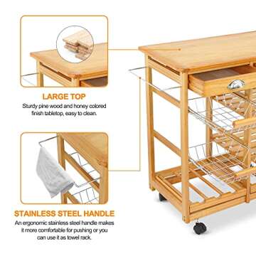 Nova Microdermabrasion Kitchen Island Cart with Storage, Rolling Side Table on Wheels with 2 Drawers, 3 Shelves, Lockable Casters for Dining Room, Bar