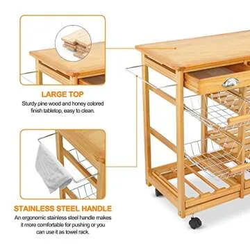 Nova Microdermabrasion Kitchen Island Cart with Storage, Rolling Side Table on Wheels with 2 Drawers, 3 Shelves, Lockable Casters for Dining Room, Bar