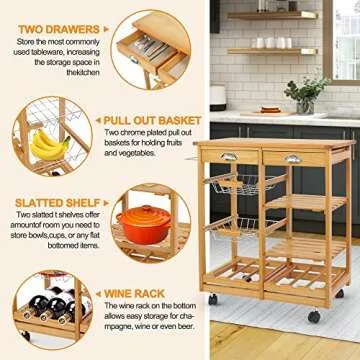 Nova Microdermabrasion Kitchen Island Cart with Storage, Rolling Side Table on Wheels with 2 Drawers, 3 Shelves, Lockable Casters for Dining Room, Bar