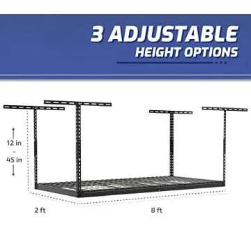 SafeRacks 2x8 Overhead Garage Storage Rack - 400 Pound Weight Capacity Height Adjustable Steel Ceiling-Mounted Rack with Accessories (Hammertone) (24"-45")