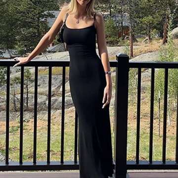 Women's Sexy Hollow Out Maxi Dress Summer Solid Color Halter Neck Cami Dress Split Elegant Evening Party Formal Dress (Black, S)