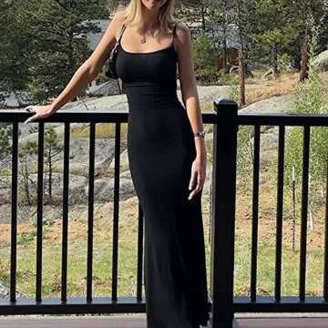 Women's Sexy Hollow Out Maxi Dress Summer Solid Color Halter Neck Cami Dress Split Elegant Evening Party Formal Dress (Black, S)