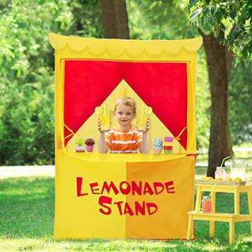 Alvantor Lemonade Stand Puppet Show Theater Pretend Playhouse Play Tent Kids on Stage Doorway Table Top Sets for Toddlers Curtain Fordable Rods Children Dramatic Furniture, 28"X20"X41"H, Yellow,8032