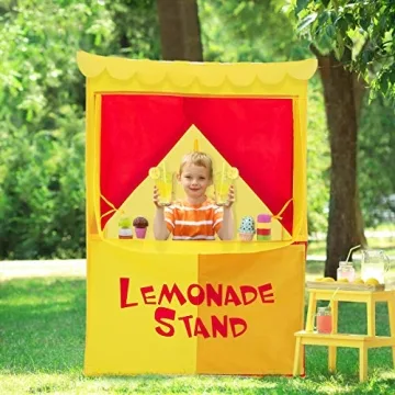 Alvantor Lemonade Stand Puppet Show Theater Pretend Playhouse Play Tent Kids on Stage Doorway Table Top Sets for Toddlers Curtain Fordable Rods Children Dramatic Furniture, 28"X20"X41"H, Yellow,8032