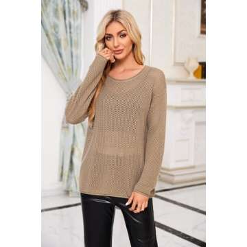 Arach&Cloz Womens Sweaters 2025 Spring Fashion Lightweight Wool Blended Crochet Tops Crew Neck Long ...