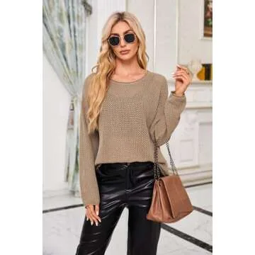 Arach&Cloz Womens Sweaters 2025 Spring Fashion Lightweight Wool Blended Crochet Tops Crew Neck Long Sleeve Summer Casual Boho Cruise Country Concert Knit Hollow Out Outfits Camel