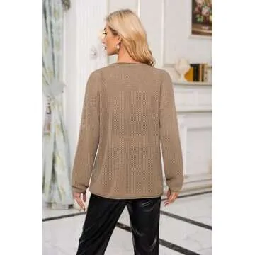 Arach&Cloz Womens Sweaters 2025 Spring Fashion Lightweight Wool Blended Crochet Tops Crew Neck Long Sleeve Summer Casual Boho Cruise Country Concert Knit Hollow Out Outfits Camel