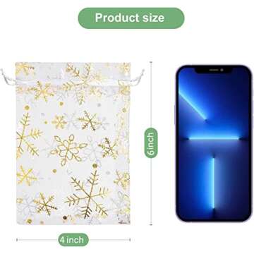 HongyiTime 100 PCS 4X6 inch Snowflake Organza Gift Bags Christmas, White Mesh Jewelry Pouches Little Drawstring Candy Bags