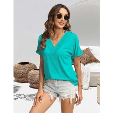EyMuse T Shirts Short Sleeve V Neck Tees Womens Fashion Tops Trendy Lightweight Soft 2025 Casual Summer Spring Outfits Clothes Aqua,S
