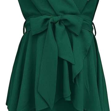 Cosonsen Womens Swing Dress Deep V-Neck Bishop Sleeve Tie Waist Ruffle Dresses Green M