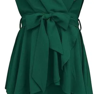 Cosonsen Womens Swing Dress Deep V-Neck Bishop Sleeve Tie Waist Ruffle Dresses Green M