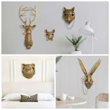 GUASDIE Animal Heads Wall Decor, Faux Deer Head Mount, Animal Sculptures Wall Decor, Resin Animal Head Wall Hanging Decoration for Living Room Bedroom Kitchen Gift,5pcs