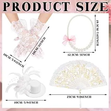 Sintege 4 Pcs Girls Tea Party Set Tea Party Gloves Hats Necklace Fans for Girls(White)