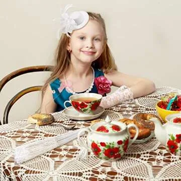 Sintege 4 Pcs Girls Tea Party Set Tea Party Gloves Hats Necklace Fans for Girls(White)