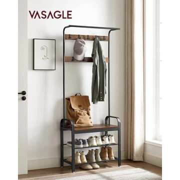 VASAGLE Coat Rack, Hall Tree with Shoe Bench for Entryway, Entryway Bench with Coat Rack, 4-in-1, wi...